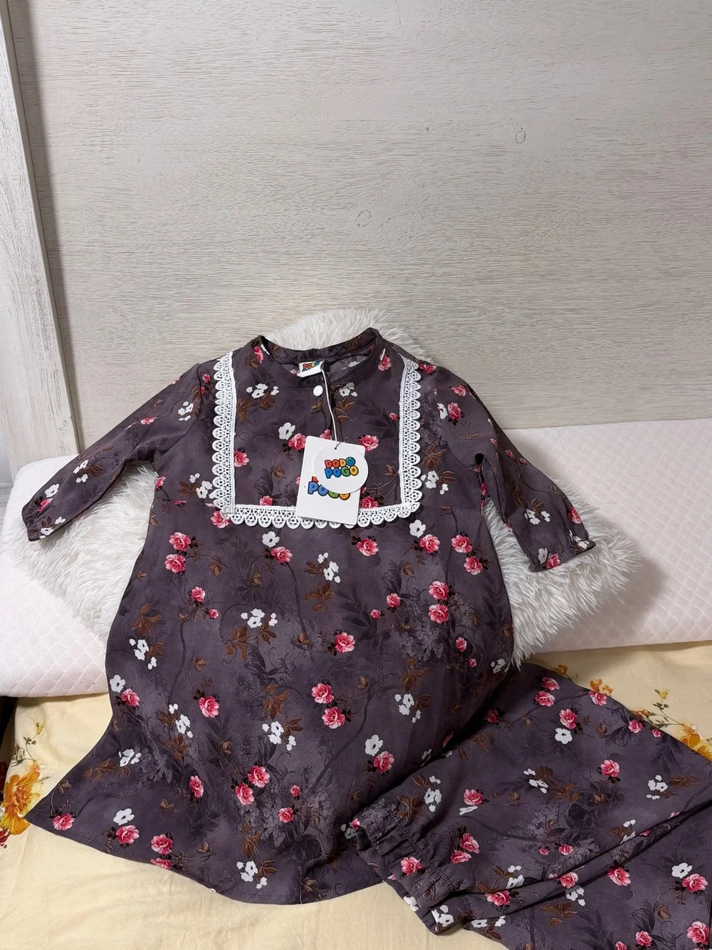 Kids Floral Purple Pajama Set with Lace Trim